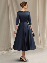 A-Line Mother of the Bride Dress Elegant Bateau Neck V Neck Tea Length Satin Half Sleeve with Pleats Ruched - RongMoon