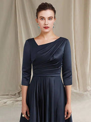 A-Line Mother of the Bride Dress Elegant Bateau Neck V Neck Tea Length Satin Half Sleeve with Pleats Ruched - RongMoon