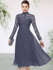 A-Line Mother of the Bride Dress Elegant High Neck Tea Length Chiffon Lace Long Sleeve with Appliques Solid Color - RongMoon