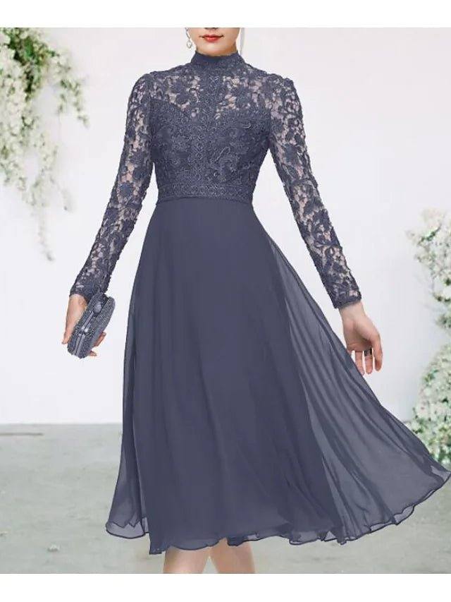 A-Line Mother of the Bride Dress Elegant High Neck Tea Length Chiffon Lace Long Sleeve with Appliques Solid Color - RongMoon