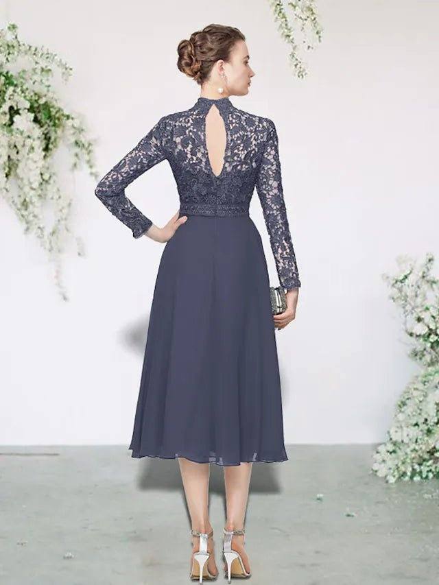 A-Line Mother of the Bride Dress Elegant High Neck Tea Length Chiffon Lace Long Sleeve with Appliques Solid Color - RongMoon