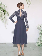 A-Line Mother of the Bride Dress Elegant High Neck Tea Length Chiffon Lace Long Sleeve with Appliques Solid Color - RongMoon