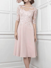 A-Line Mother of the Bride Dress Elegant Illusion Neck Knee Length Chiffon Lace Half Sleeve with Pleats Appliques - RongMoon