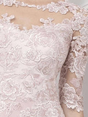 A-Line Mother of the Bride Dress Elegant Illusion Neck Knee Length Chiffon Lace Half Sleeve with Pleats Appliques - RongMoon