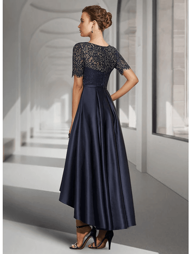 A-Line Mother of the Bride Dress Elegant Jewel Neck Asymmetrical Lace Satin Short Sleeve with Pleats - RongMoon