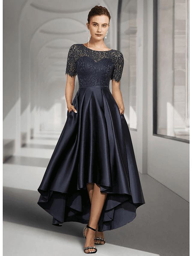 A-Line Mother of the Bride Dress Elegant Jewel Neck Asymmetrical Lace Satin Short Sleeve with Pleats - RongMoon