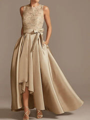 A-Line Mother of the Bride Dress Elegant Jewel Neck Asymmetrical Lace Satin Sleeveless with Bow(s) Pleats - RongMoon