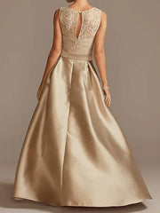 A-Line Mother of the Bride Dress Elegant Jewel Neck Asymmetrical Lace Satin Sleeveless with Bow(s) Pleats - RongMoon