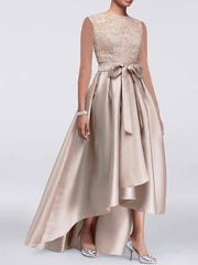 A-Line Mother of the Bride Dress Elegant Jewel Neck Asymmetrical Lace Satin Sleeveless with Lace Sash / Ribbon Bow(s) - RongMoon