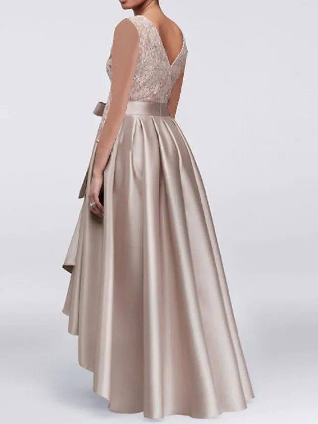 A-Line Mother of the Bride Dress Elegant Jewel Neck Asymmetrical Lace Satin Sleeveless with Lace Sash / Ribbon Bow(s) - RongMoon
