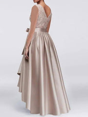 A-Line Mother of the Bride Dress Elegant Jewel Neck Asymmetrical Lace Satin Sleeveless with Lace Sash / Ribbon Bow(s) - RongMoon