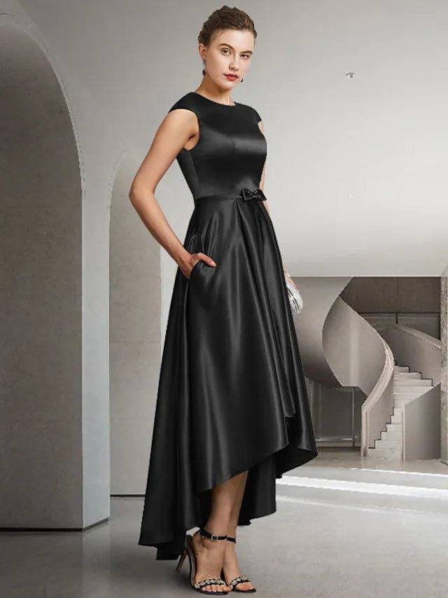 A-Line Mother of the Bride Dress Elegant Jewel Neck Asymmetrical Satin Sleeveless with Bow(s) Pleats - RongMoon