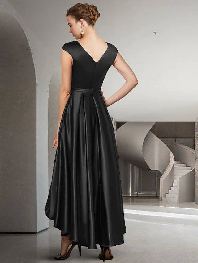 A-Line Mother of the Bride Dress Elegant Jewel Neck Asymmetrical Satin Sleeveless with Bow(s) Pleats - RongMoon
