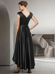 A-Line Mother of the Bride Dress Elegant Jewel Neck Asymmetrical Satin Sleeveless with Bow(s) Pleats - RongMoon