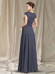 A-Line Mother of the Bride Dress Elegant Jewel Neck Floor Length Chiffon Lace Cap Sleeve with Beading Appliques - RongMoon