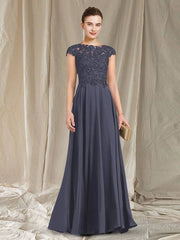 A-Line Mother of the Bride Dress Elegant Jewel Neck Floor Length Chiffon Lace Cap Sleeve with Beading Appliques - RongMoon