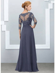 A-Line Mother of the Bride Dress Elegant Jewel Neck Floor Length Chiffon Lace Half Sleeve with Ruffles Appliques - RongMoon