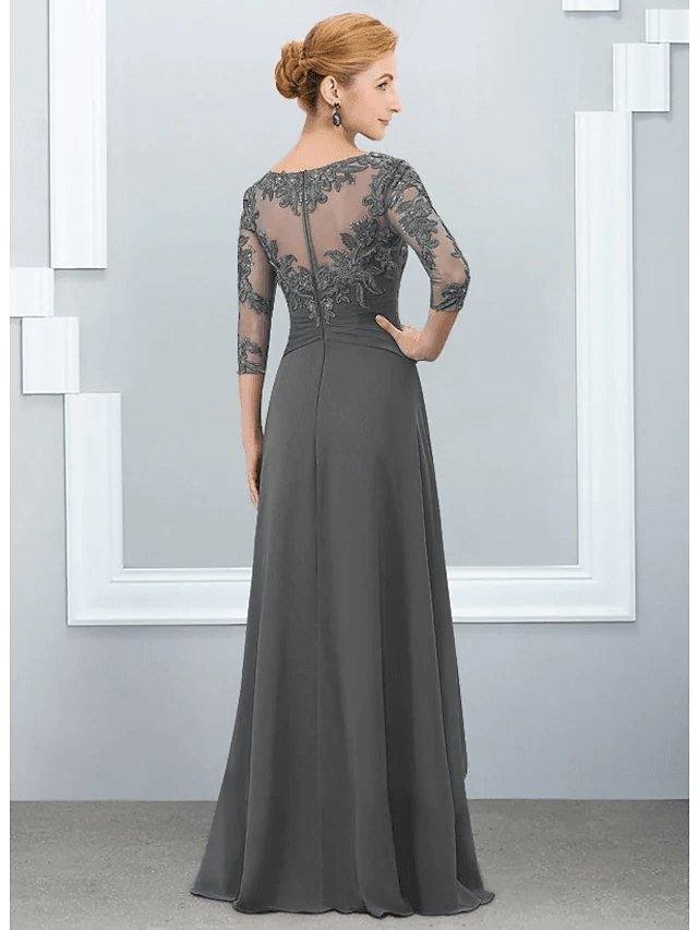A-Line Mother of the Bride Dress Elegant Jewel Neck Floor Length Chiffon Lace Half Sleeve with Ruffles Appliques - RongMoon