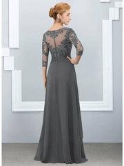 A-Line Mother of the Bride Dress Elegant Jewel Neck Floor Length Chiffon Lace Half Sleeve with Ruffles Appliques - RongMoon