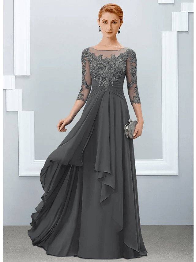A-Line Mother of the Bride Dress Elegant Jewel Neck Floor Length Chiffon Lace Half Sleeve with Ruffles Appliques - RongMoon