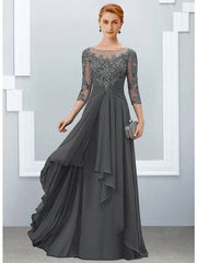 A-Line Mother of the Bride Dress Elegant Jewel Neck Floor Length Chiffon Lace Half Sleeve with Ruffles Appliques - RongMoon