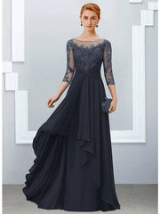 A-Line Mother of the Bride Dress Elegant Jewel Neck Floor Length Chiffon Lace Half Sleeve with Ruffles Appliques - RongMoon