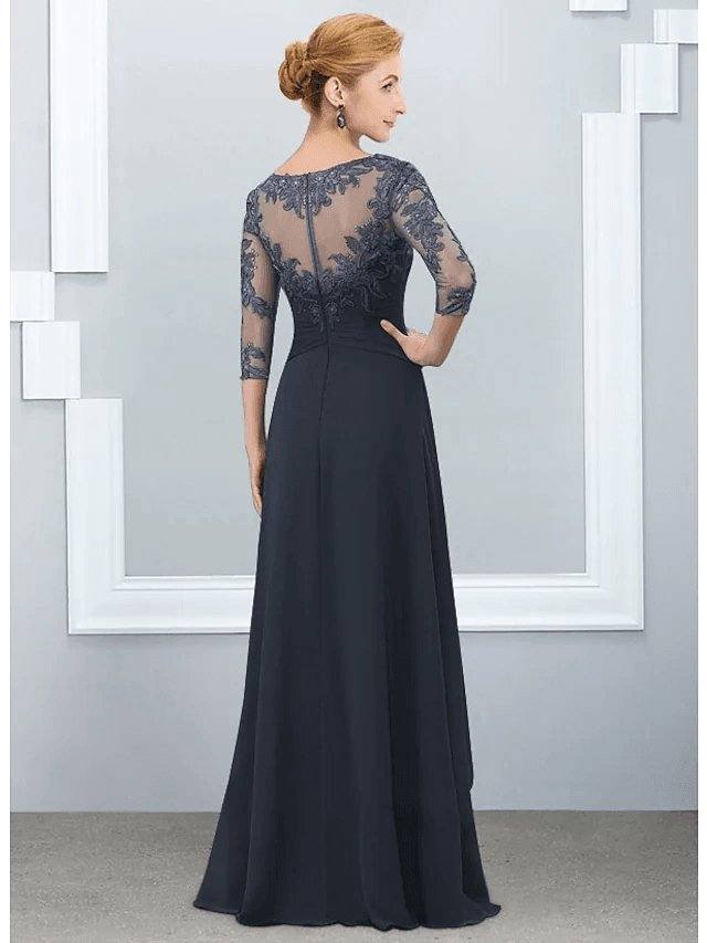 A-Line Mother of the Bride Dress Elegant Jewel Neck Floor Length Chiffon Lace Half Sleeve with Ruffles Appliques - RongMoon