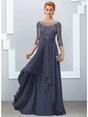 A-Line Mother of the Bride Dress Elegant Jewel Neck Floor Length Chiffon Lace Half Sleeve with Ruffles Appliques - RongMoon