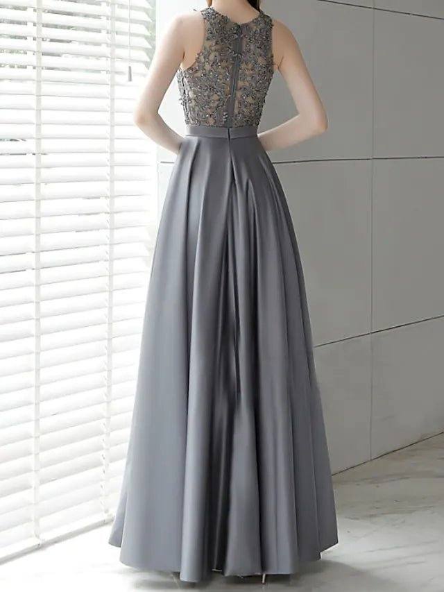 A-Line Mother of the Bride Dress Elegant Jewel Neck Floor Length Satin Sleeveless with Appliques - RongMoon