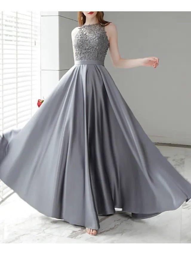 A-Line Mother of the Bride Dress Elegant Jewel Neck Floor Length Satin Sleeveless with Appliques - RongMoon