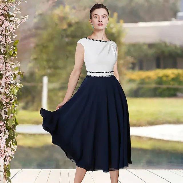 A-Line Mother of the Bride Dress Elegant Jewel Neck Tea Length Chiffon Satin Cap Sleeve with Sash / Ribbon Beading - RongMoon