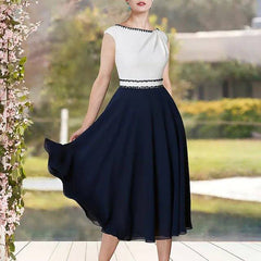 A-Line Mother of the Bride Dress Elegant Jewel Neck Tea Length Chiffon Satin Cap Sleeve with Sash / Ribbon Beading - RongMoon