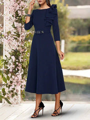 A-Line Mother of the Bride Dress Elegant Jewel Neck Tea Length Stretch Fabric 3/4 Length Sleeve with Sash / Ribbon Side Draping - RongMoon
