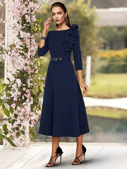 A-Line Mother of the Bride Dress Elegant Jewel Neck Tea Length Stretch Fabric 3/4 Length Sleeve with Sash / Ribbon Side Draping - RongMoon