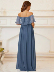 A-Line Mother of the Bride Dress Elegant Off Shoulder Floor Length Chiffon Short Sleeve with Lace Draping Embroidery - RongMoon