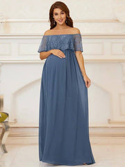A-Line Mother of the Bride Dress Elegant Off Shoulder Floor Length Chiffon Short Sleeve with Lace Draping Embroidery - RongMoon
