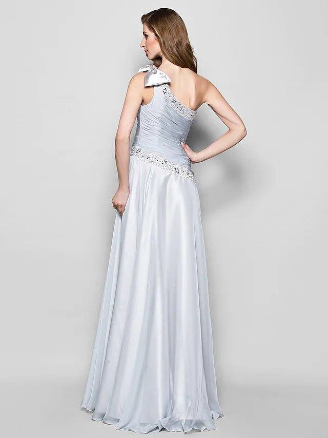 A-Line Mother of the Bride Dress Elegant One Shoulder Floor Length Chiffon Sleeveless with Bow(s) Crystals Beading - RongMoon
