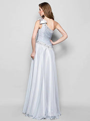 A-Line Mother of the Bride Dress Elegant One Shoulder Floor Length Chiffon Sleeveless with Bow(s) Crystals Beading - RongMoon