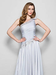 A-Line Mother of the Bride Dress Elegant One Shoulder Floor Length Chiffon Sleeveless with Bow(s) Crystals Beading - RongMoon