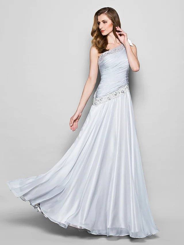 A-Line Mother of the Bride Dress Elegant One Shoulder Floor Length Chiffon Sleeveless with Bow(s) Crystals Beading - RongMoon