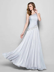 A-Line Mother of the Bride Dress Elegant One Shoulder Floor Length Chiffon Sleeveless with Bow(s) Crystals Beading - RongMoon