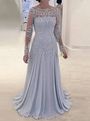 A-Line Mother of the Bride Dress Elegant Scalloped Neckline Sweep / Brush Train Polyester Long Sleeve with Pleats Appliques - RongMoon