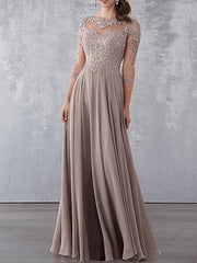 A-Line Mother of the Bride Dress Elegant See Through Jewel Neck Floor Length Chiffon Lace 3/4 Length Sleeve - RongMoon
