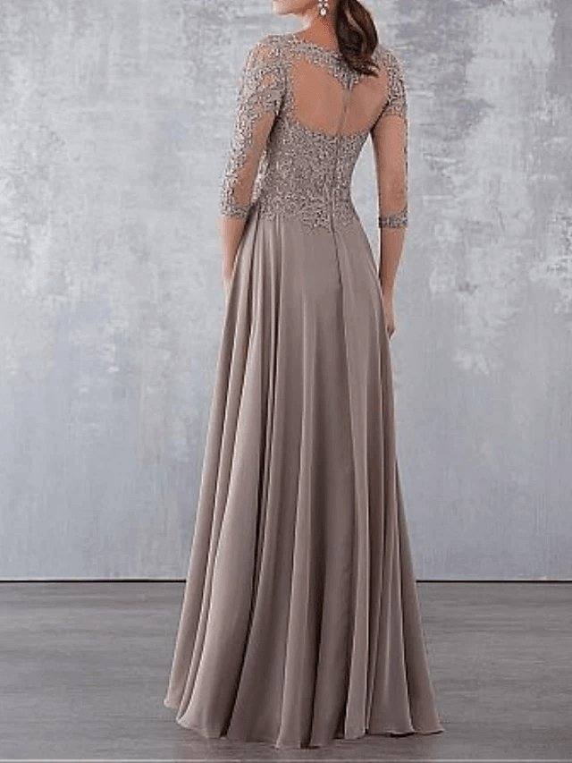 A-Line Mother of the Bride Dress Elegant See Through Jewel Neck Floor Length Chiffon Lace 3/4 Length Sleeve - RongMoon