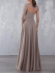 A-Line Mother of the Bride Dress Elegant See Through Jewel Neck Floor Length Chiffon Lace 3/4 Length Sleeve - RongMoon