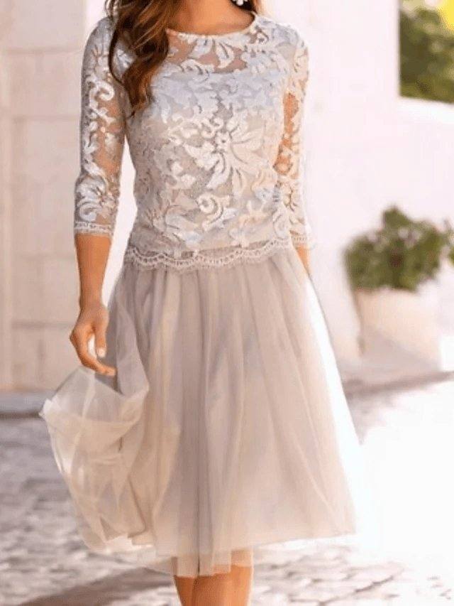 A-Line Mother of the Bride Dress Elegant See Through Jewel Neck Knee Length Chiffon Lace 3/4 Length Sleeve with Lace Ruching - RongMoon
