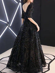 A-Line Mother of the Bride Dress Elegant Sparkle & Shine V Neck Floor Length Lace Tulle Half Sleeve with Sequin - RongMoon