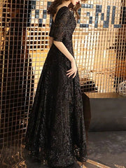 A-Line Mother of the Bride Dress Elegant Sparkle & Shine V Neck Floor Length Lace Tulle Half Sleeve with Sequin - RongMoon