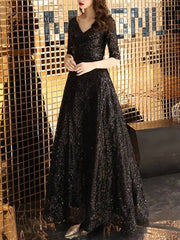 A-Line Mother of the Bride Dress Elegant Sparkle & Shine V Neck Floor Length Lace Tulle Half Sleeve with Sequin - RongMoon