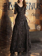 A-Line Mother of the Bride Dress Elegant Sparkle & Shine V Neck Floor Length Lace Tulle Half Sleeve with Sequin - RongMoon